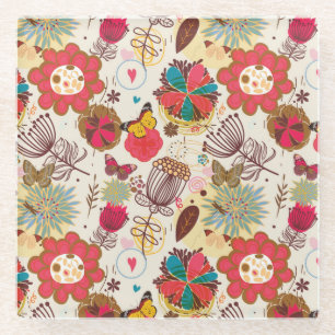 Floral pattern in retro style 4 glass coaster