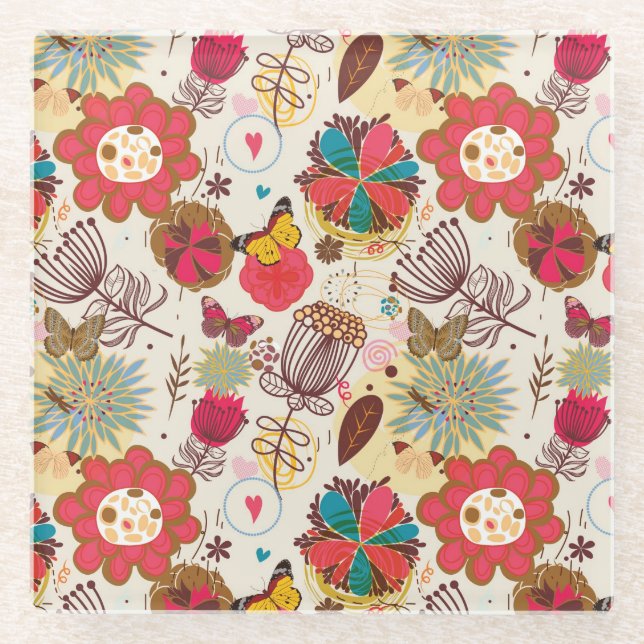 Floral pattern in retro style 4 glass coaster (Front)