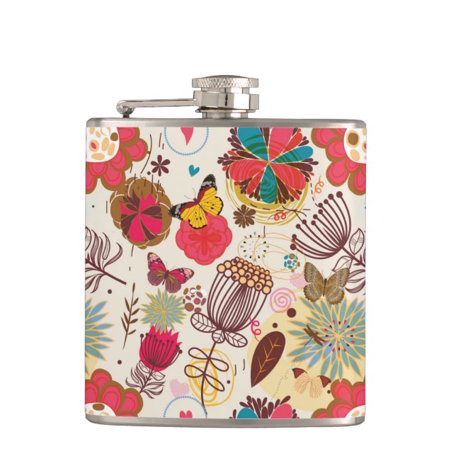 Floral pattern in retro style 4 hip flask (Front)