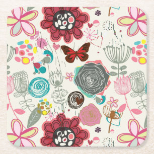 Floral pattern in retro style 5 square paper coaster