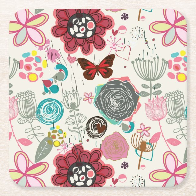 Floral pattern in retro style 5 square paper coaster (Front)