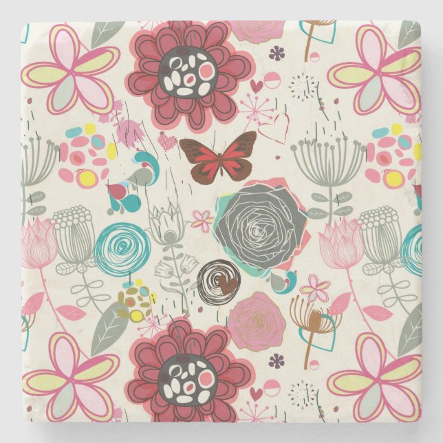 Floral pattern in retro style 5 stone coaster (Front)