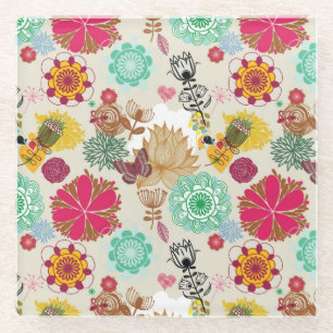 Floral pattern in retro style glass coaster