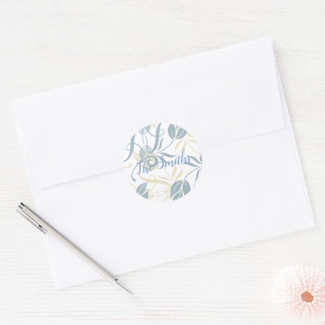 Floral Pattern in Slate Blue   Classic Round Sticker (Envelope)