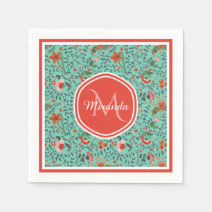 Floral Pattern in Teal and Orange and Red Monogram Napkin