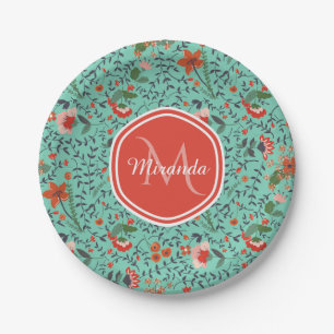 Floral Pattern in Teal and Orange and Red Monogram Paper Plate