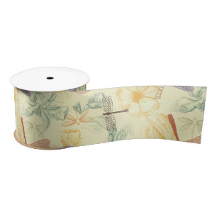 Floral pattern in vintage style dragonfly foliage satin ribbon