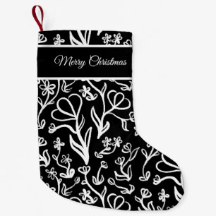 Floral Pattern in White on Black Small Christmas Stocking