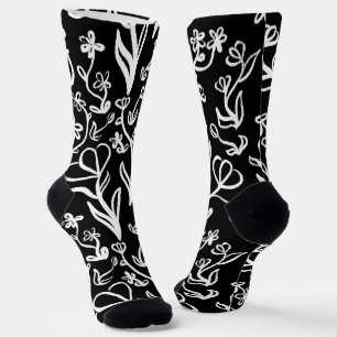 Floral Pattern in White on Black Socks