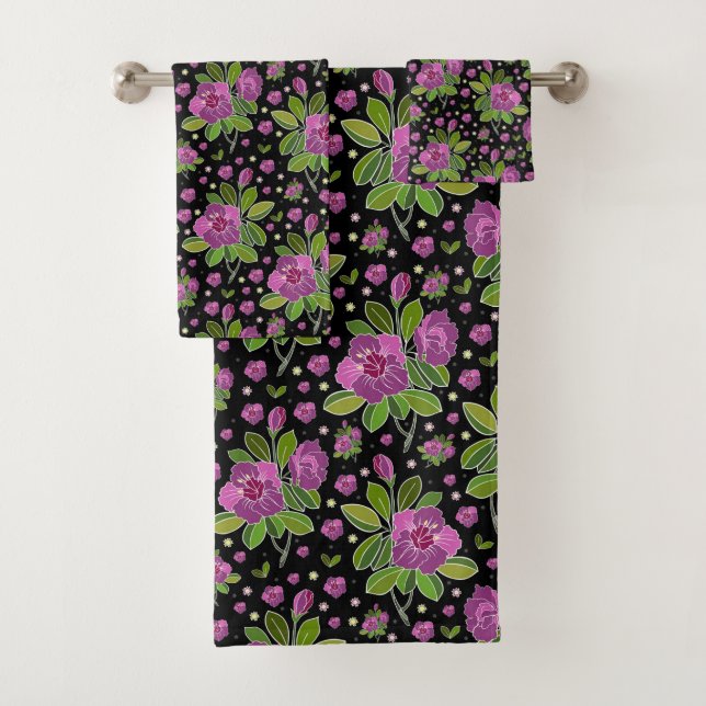 Floral Pattern Lilac Pink Green Black Bath Towel Set (Insitu)