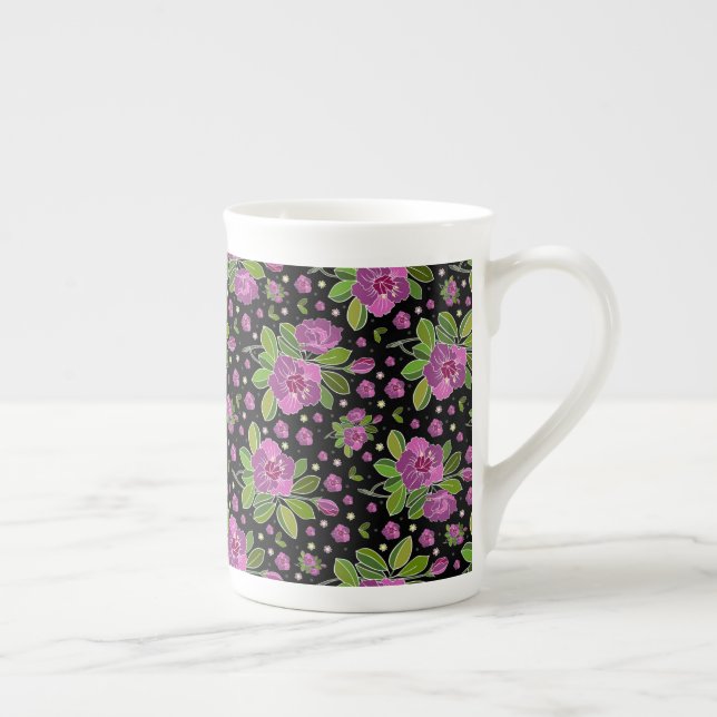 Floral Pattern Lilac Pink Green Black Bone China Mug (Right)