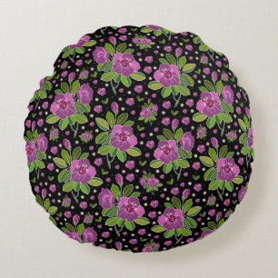 Floral Pattern Lilac Pink Green Black Round Cushion