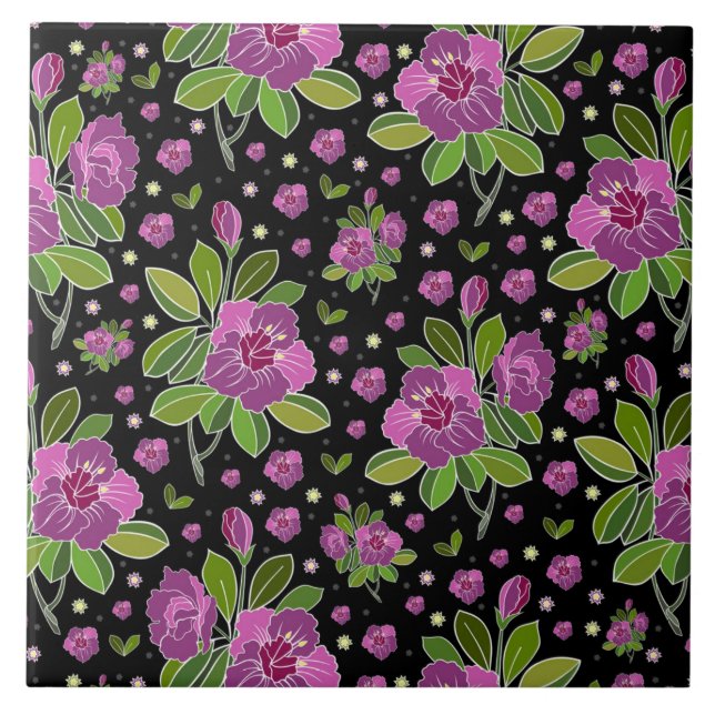 Floral Pattern Lilac Pink Green Black Tile (Front)