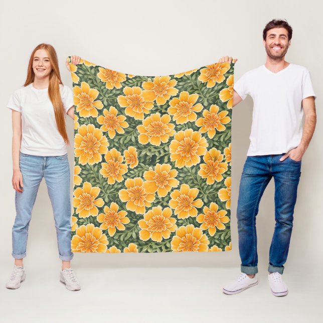 Floral Pattern Marigold Flowers Fleece Blanket (In Situ)