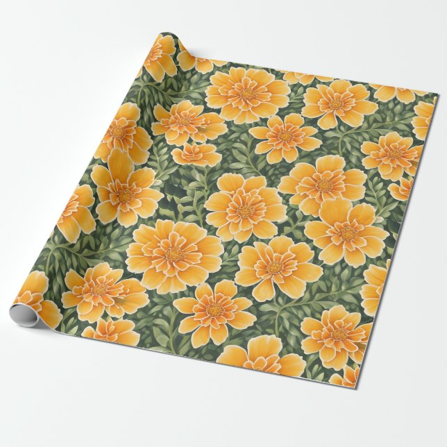Floral Pattern Marigold Flowers Wrapping Paper (Unrolled)