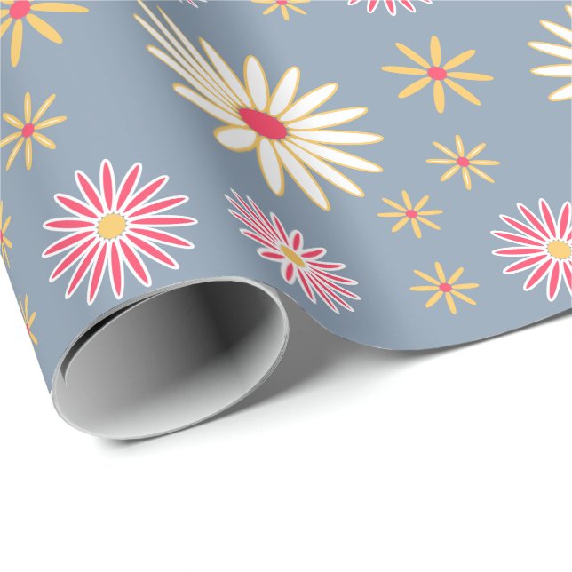 Floral Pattern Modern Light Blue Birthday Wrapping Paper (Roll Corner)