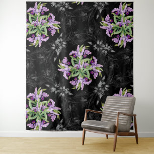 Floral Pattern Monochrome Cornflowers Orchid  Tapestry