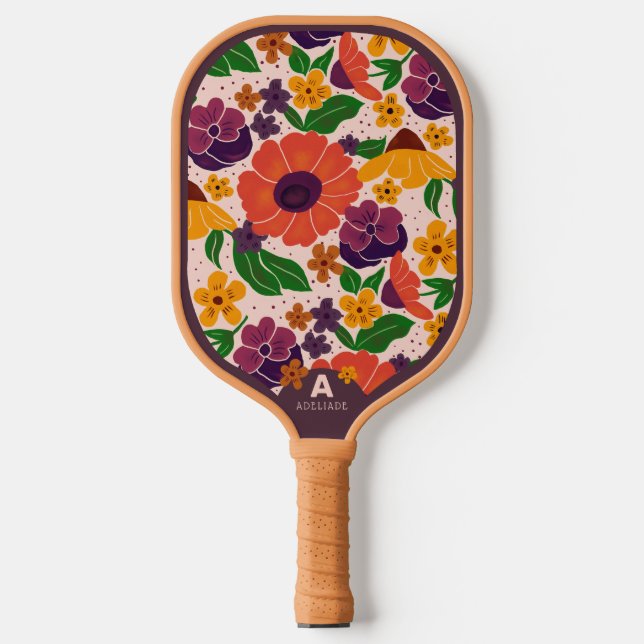 Floral Pattern Monogram Pickleball Paddle (Front)