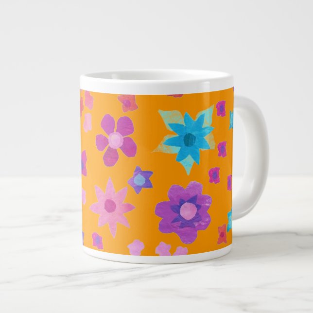 Floral Pattern, Multicolour on Bright Orange Large Coffee Mug (Front Right)