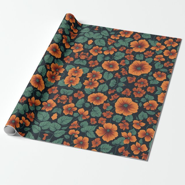 Floral Pattern Nasturtium Flowers Wrapping Paper (Unrolled)