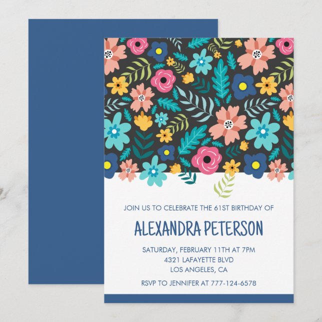 Floral Pattern Navy blue 61st birthday Invitation (Front/Back)