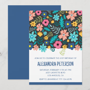 Floral Pattern Navy blue 61st birthday Invitation