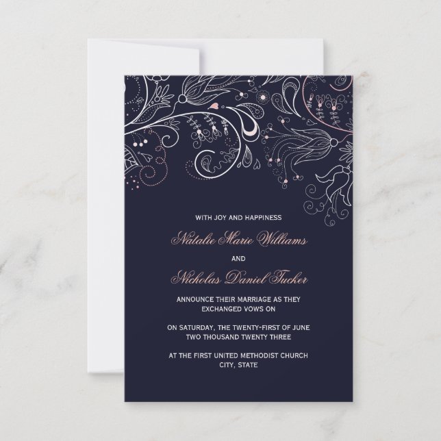 Floral Pattern Navy w/Tulip- 3x5 Wedding Announce Invitation (Front)