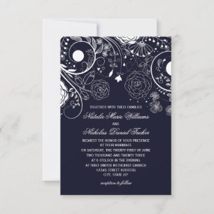 Floral Pattern Navy/White - 3x5 Wedding Invitation