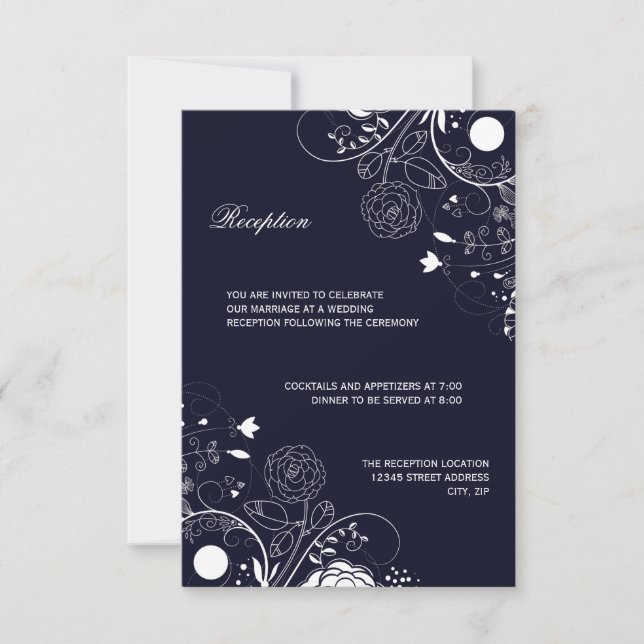 Floral Pattern Navy/White - Reception Invitation (Front)