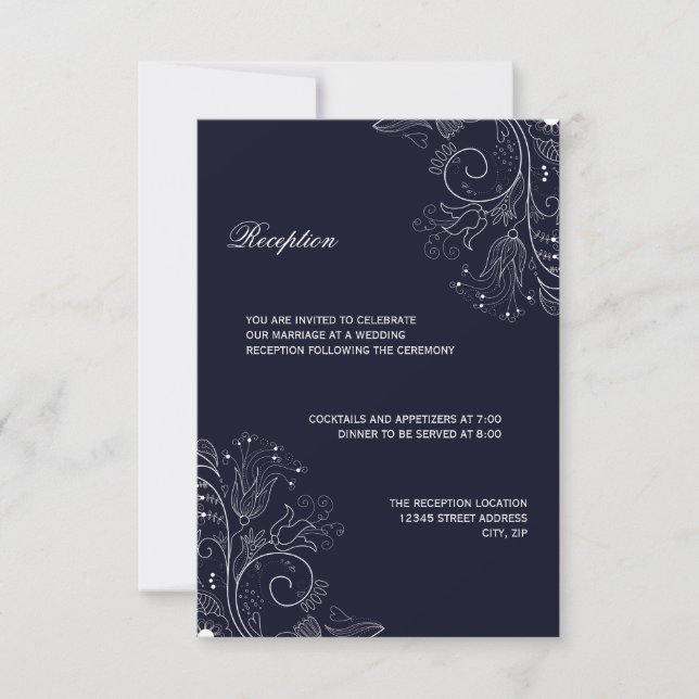 Floral Pattern Navy/White - Reception Invitation (Front)