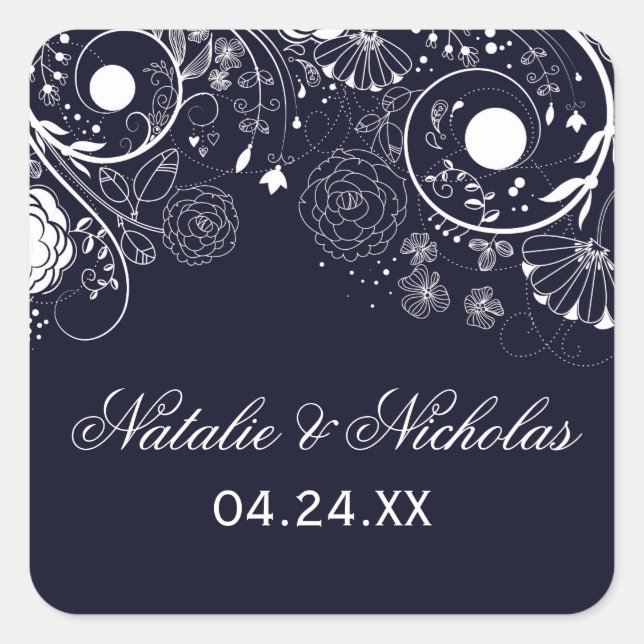 Floral Pattern Navy/White - Square Sticker (Front)
