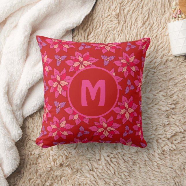  Floral pattern of red poinsettia with Monogram. Cushion (Blanket)