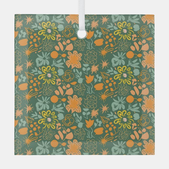 Floral pattern on a dark green background  glass tree decoration (Front)