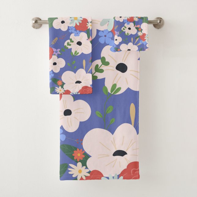 Floral Pattern On A Periwinkle Blue Bath Towel (Insitu)