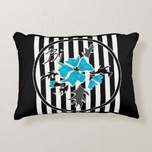 Floral pattern on black striped background decorative cushion