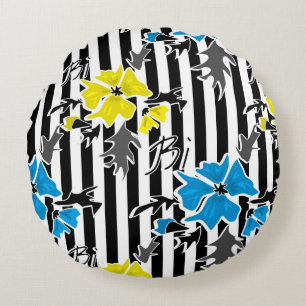 Floral pattern on black striped background round cushion