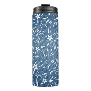 Floral pattern on denim thermal tumbler