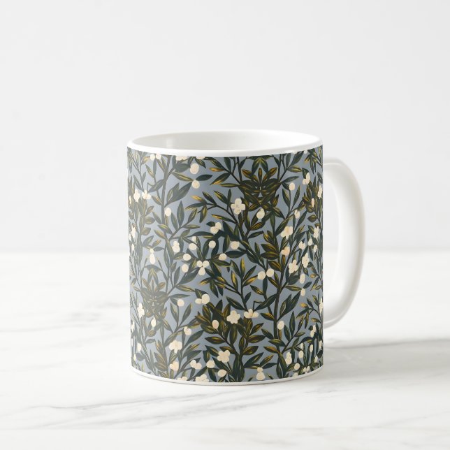 Floral pattern on  dusty blue-gray background coffee mug (Front Right)