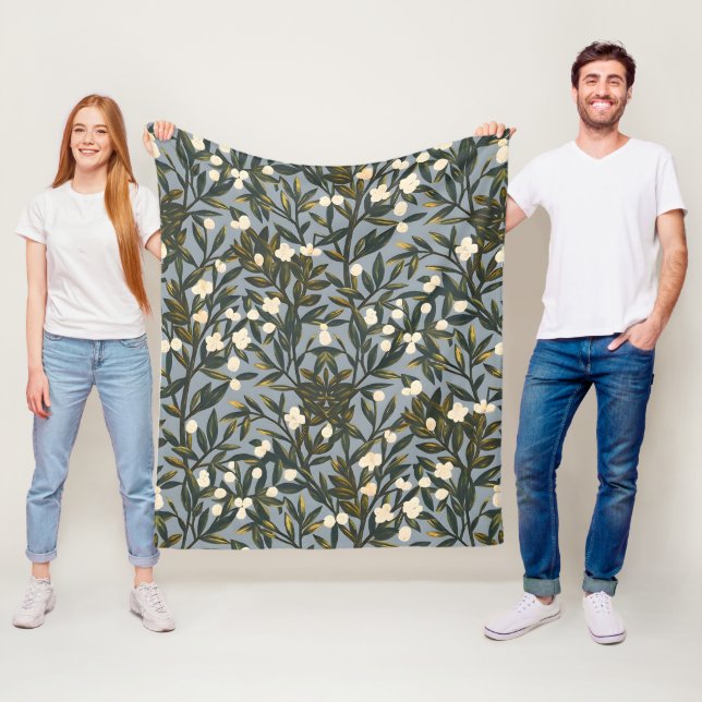 Floral pattern on  dusty blue-gray background fleece blanket (In Situ)