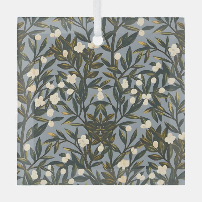 Floral pattern on  dusty blue-gray background glass tree decoration (Front)