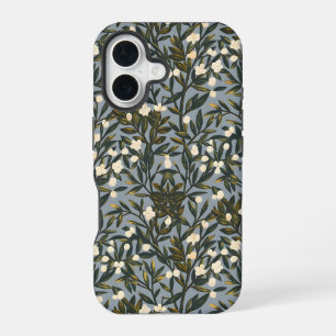 Floral pattern on dusty blue-gray background iPhone 16 case
