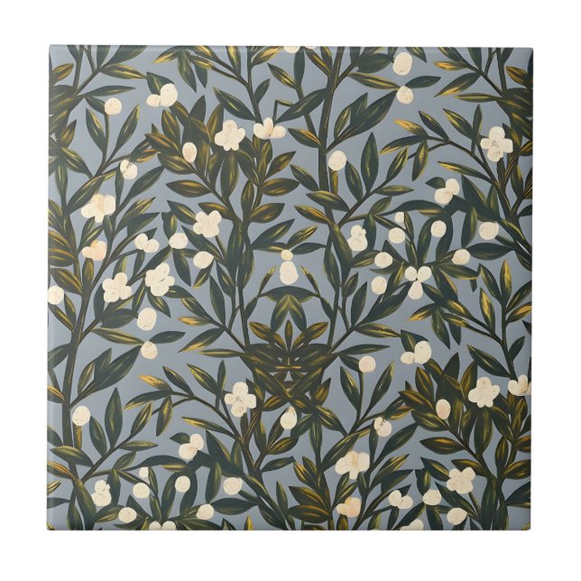Floral pattern on  dusty blue-gray background tile (Front)