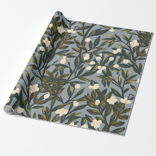 Floral pattern on dusty blue-grey background wrapping paper