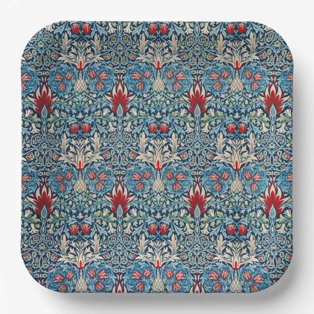 Floral pattern on green leaves blue background paper plate (Front)