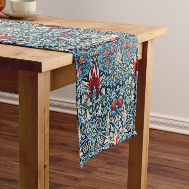 Floral pattern on green leaves blue background short table runner (In Situ)