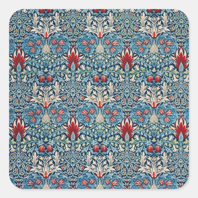 Floral pattern on green leaves blue background square sticker (Front)