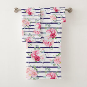 Floral Pattern on Horizontal Stripe Roses Peony   Bath Towel Set