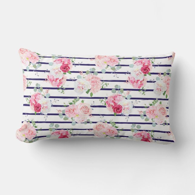 Floral Pattern on Horizontal Stripe Roses Peony    Lumbar Cushion (Front)