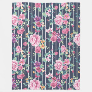 Floral Pattern on Stripe Roses Foliage Pink Purple Fleece Blanket