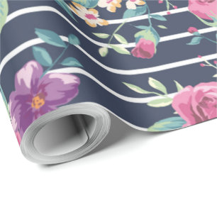Floral Pattern on Stripe Roses Foliage Pink Purple Wrapping Paper